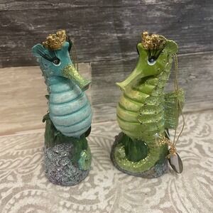 Katherine's Collection Seahorse Ornaments Set 2 Teal Green Crown Glitter Coastal